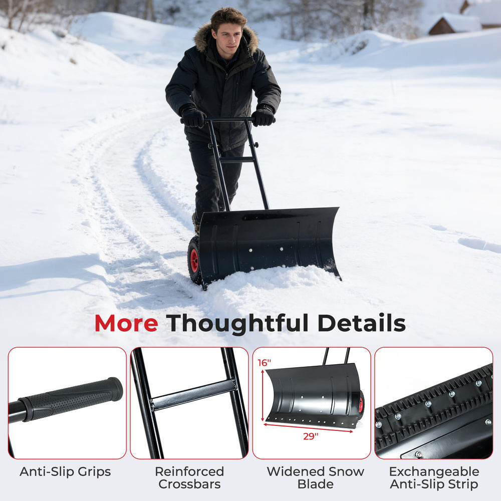 29-inch metal snow pusher with reinforced crossbars and anti-slip grips, perfect for clearing driveways and sidewalks.