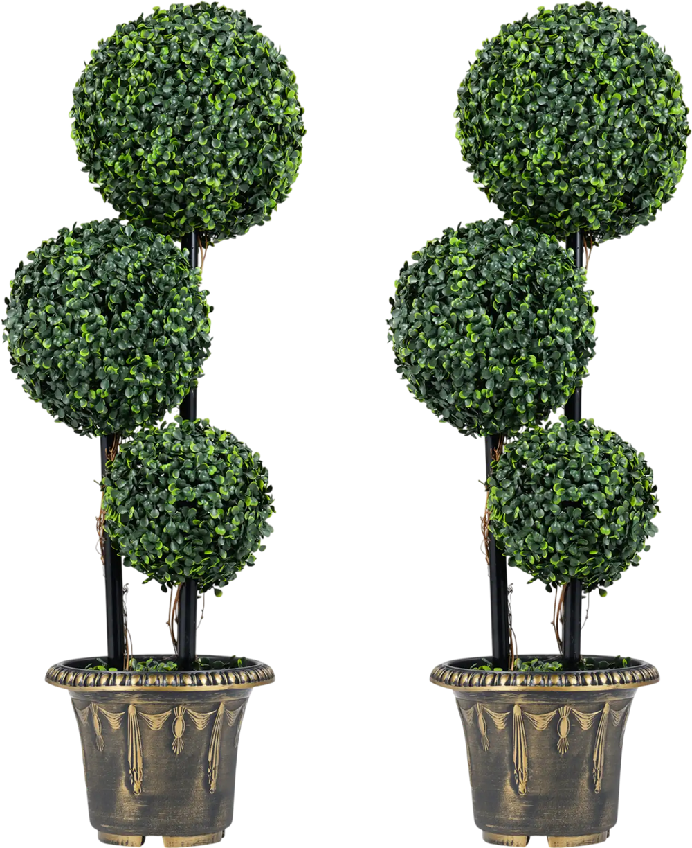 29-inch artificial boxwood topiary tree set of 2 with layered balls and black-golden planters for indoor or porch decor.