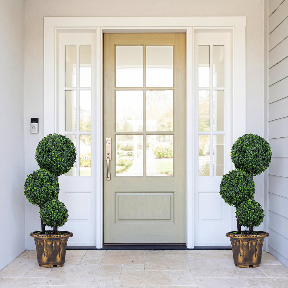 29-inch artificial boxwood topiary tree triple ball shrubs in decorative pots, ideal for enhancing entryway aesthetics.