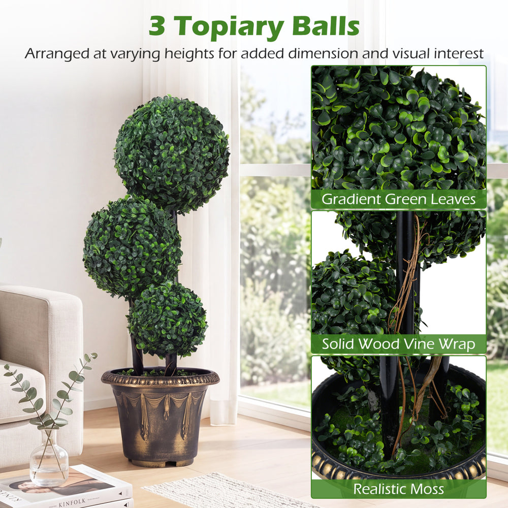 Three-tiered artificial boxwood topiary tree with gradient green leaves and solid wood vine wrap for decorative appeal.