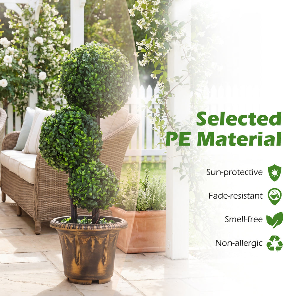 29-inch artificial boxwood topiary tree with triple ball design, made from selected PE material for outdoor decor.
