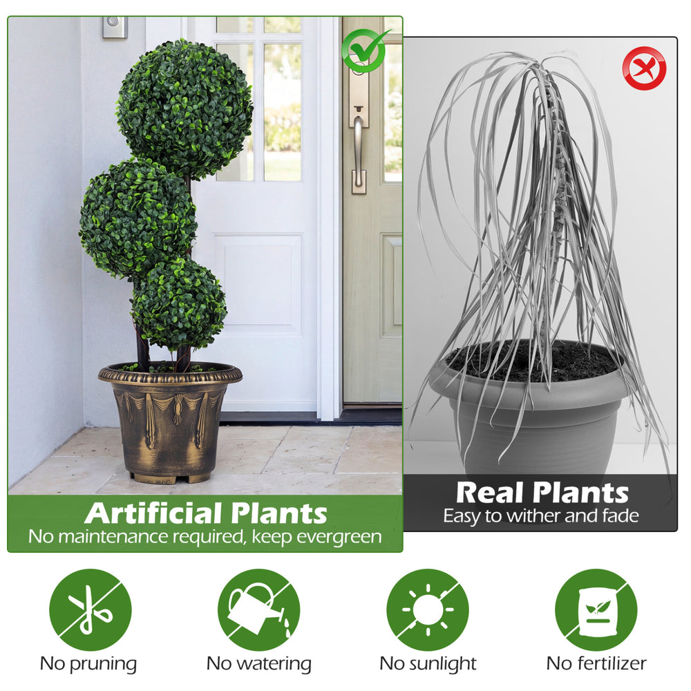 29-inch artificial boxwood topiary tree with triple ball design, ideal for low-maintenance outdoor decor.