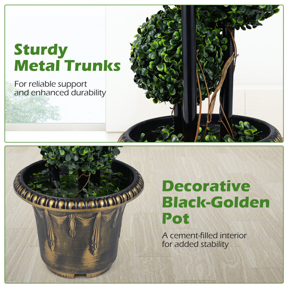 Artificial boxwood topiary tree with sturdy metal trunks and decorative black-golden pot for enhanced stability.