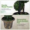 Artificial boxwood topiary tree with sturdy metal trunks and decorative black-golden pot for enhanced stability.