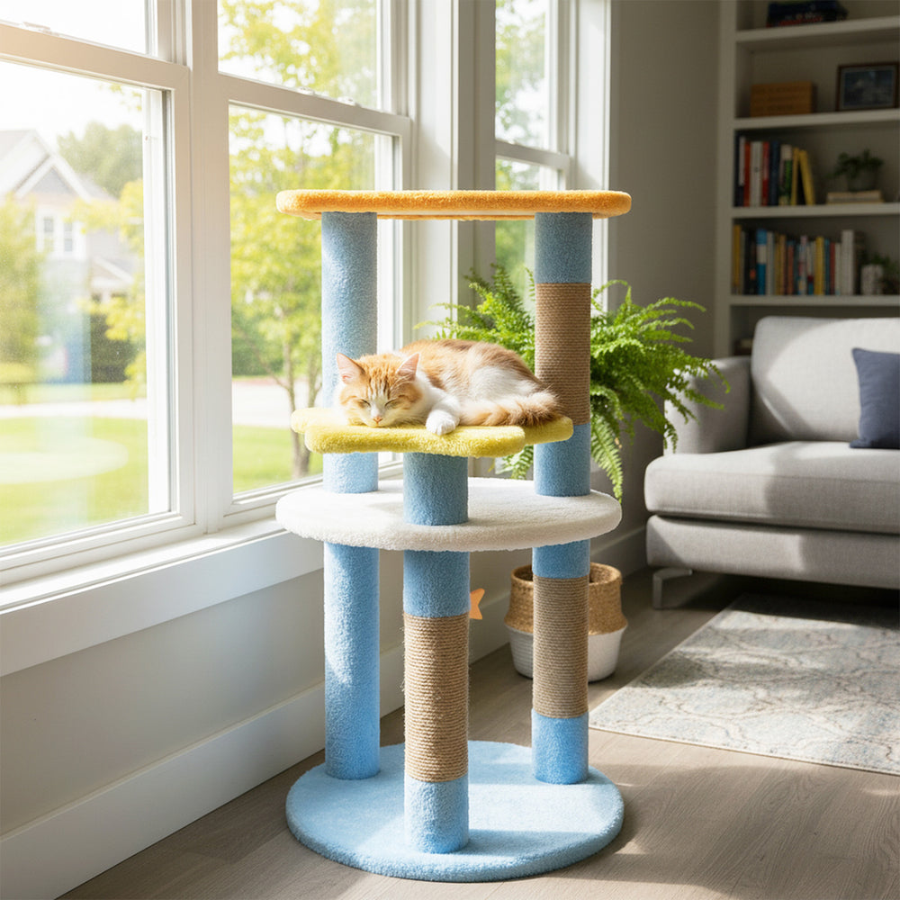 Modern 29-inch blue cat tree featuring star and moon platforms, with scratching posts for feline play and comfort.