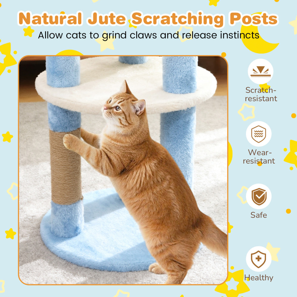 29-inch modern cat tree in blue with star and moon platforms, featuring jute scratching posts for healthy claw grinding.