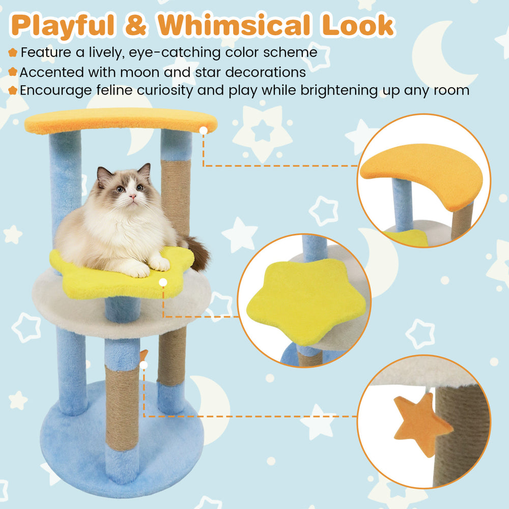 29-inch cat tree with star and moon platforms, featuring bright colors and scratching posts for playful feline fun.