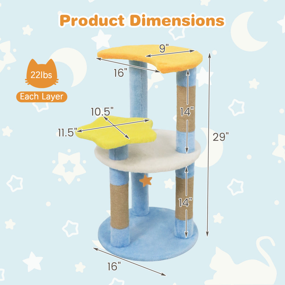 29-inch blue cat tree with star and moon platforms, featuring 4 layers and scratching posts for feline play and comfort.