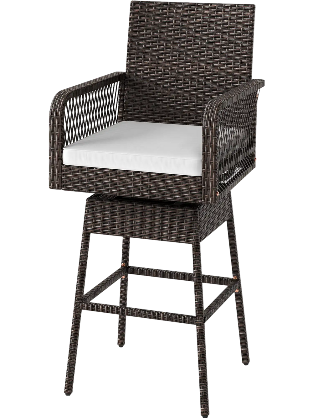 29-inch patio swivel bar stool with brown PE rattan, white cushion, and ergonomic armrests for backyard comfort.