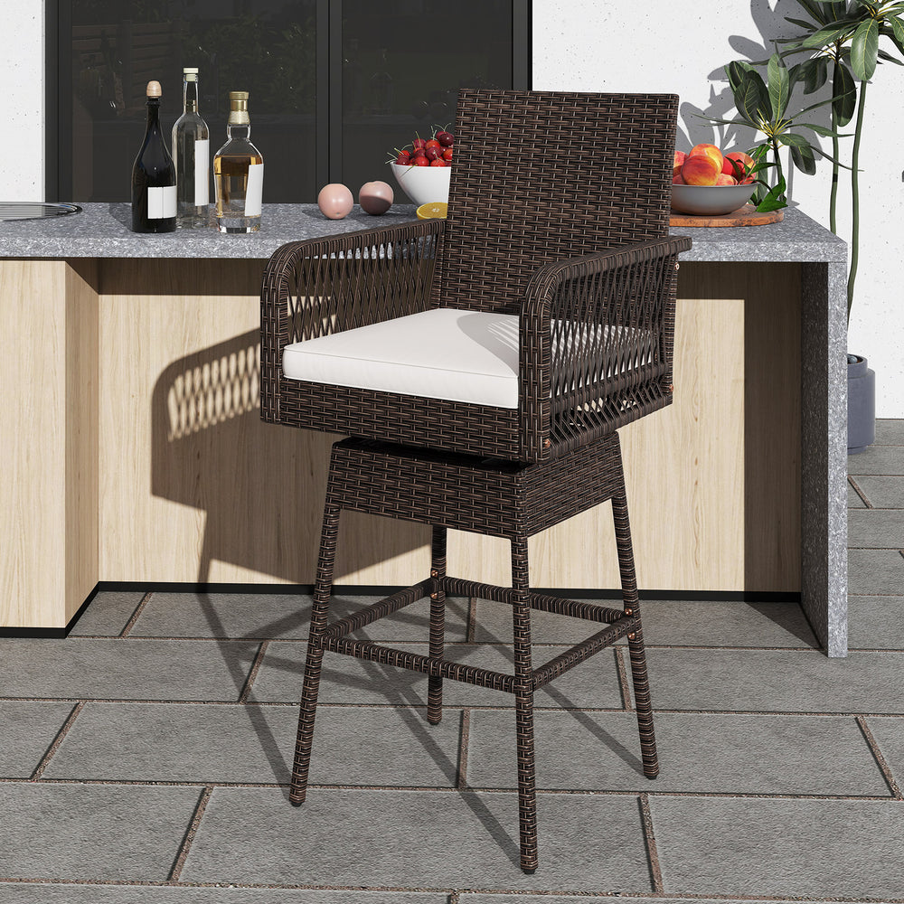 29-inch patio swivel bar stool in brown PE rattan with white cushion, ideal for backyard and poolside use.