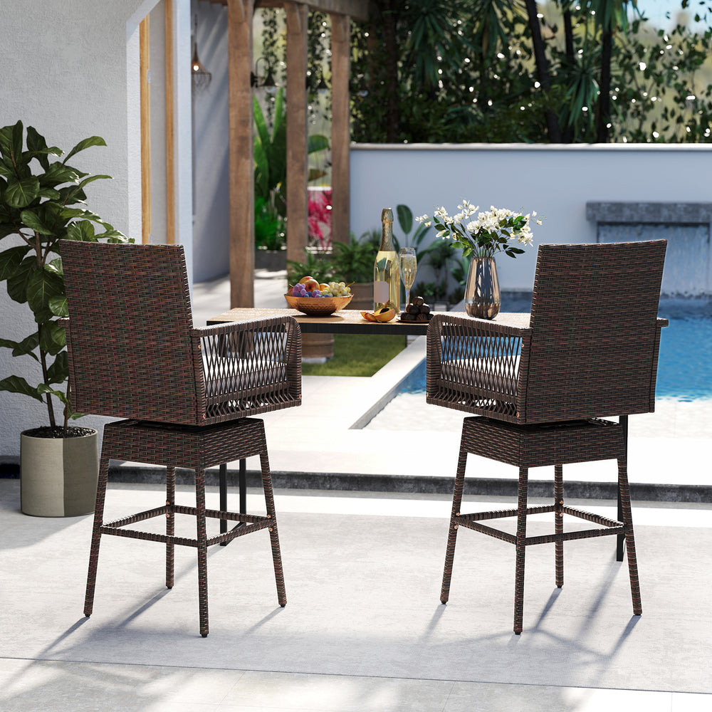 Two 29-inch patio swivel bar stools with brown PE rattan, armrests, and cushions, perfect for poolside relaxation.