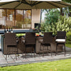 29-inch patio swivel bar stool with brown PE rattan, cushioned seat, and ergonomic armrests for backyard relaxation.