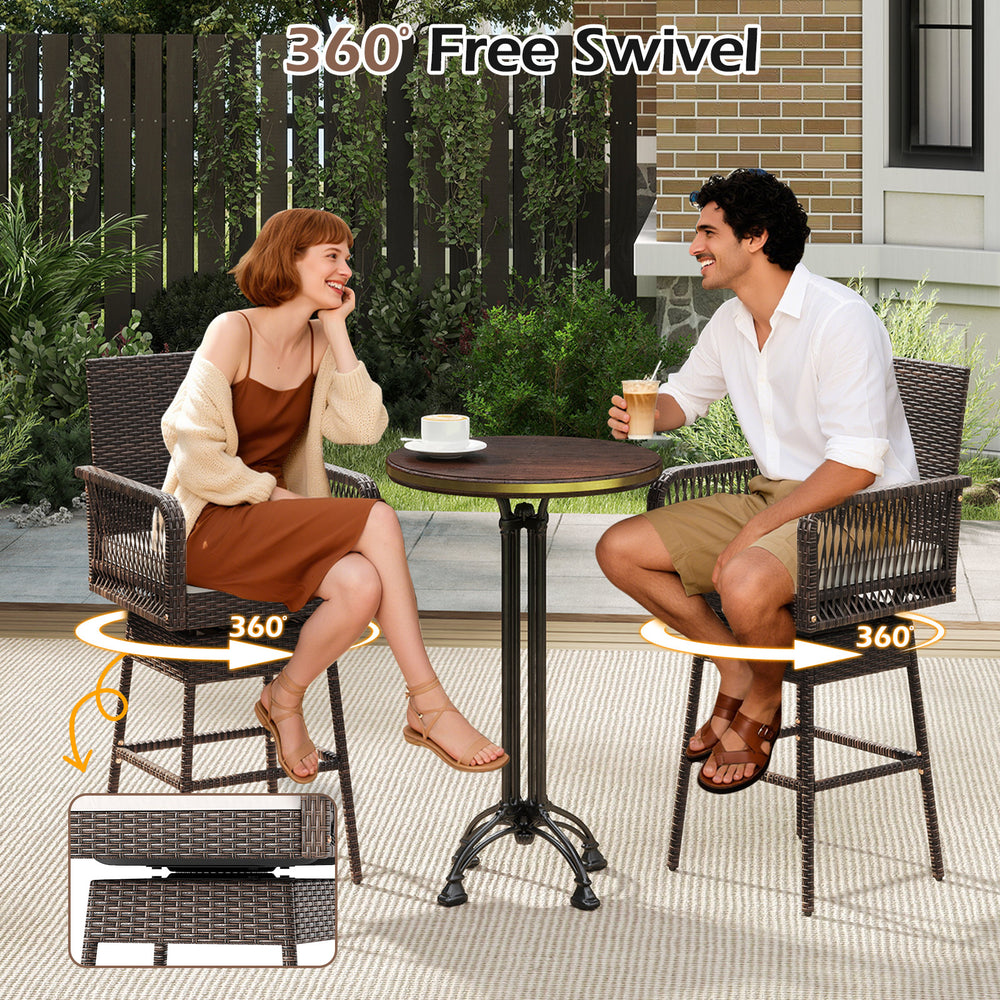 29-inch patio swivel bar stool with brown PE rattan, ergonomic armrests, and soft cushion, ideal for backyard.