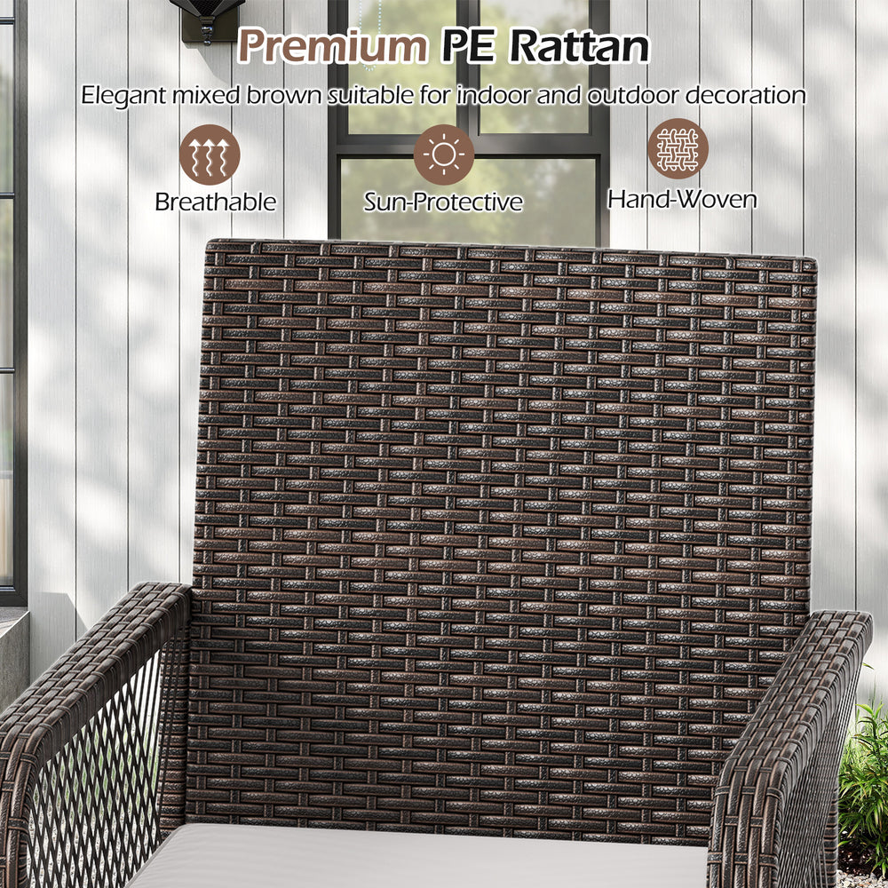 Close-up of the 29-inch patio swivel bar stool featuring mixed brown PE rattan, ergonomic armrests, and a soft seat.