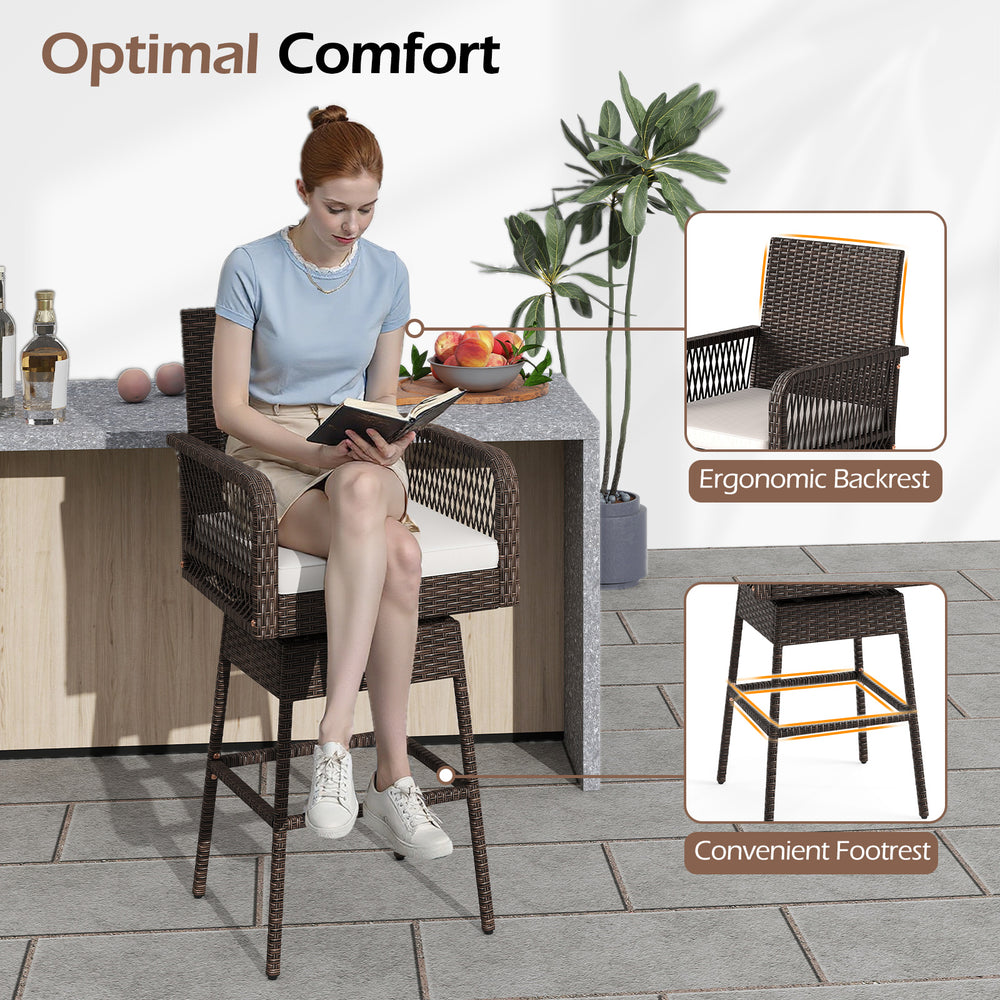 29-inch patio swivel bar stool with brown PE rattan, ergonomic backrest, and soft white cushion for outdoor comfort.