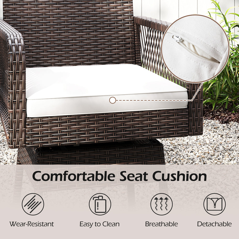 Comfortable white seat cushion on a 29-inch patio swivel bar stool with brown PE rattan for backyard relaxation.