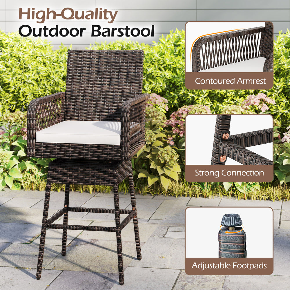 29-inch patio swivel bar stool with brown PE rattan, ergonomic armrests, and soft cushion for backyard comfort.