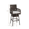 29-inch patio swivel bar stool with brown PE rattan, ergonomic armrests, and soft seat cushion for backyard or poolside.