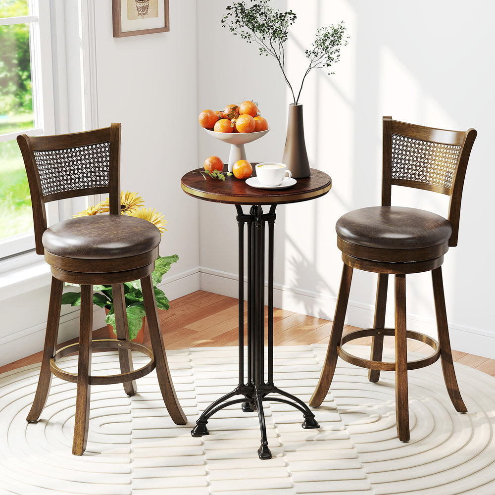 Set of 2 brown swivel counter height barstools with rattan backrest, ideal for dining rooms and kitchen islands.