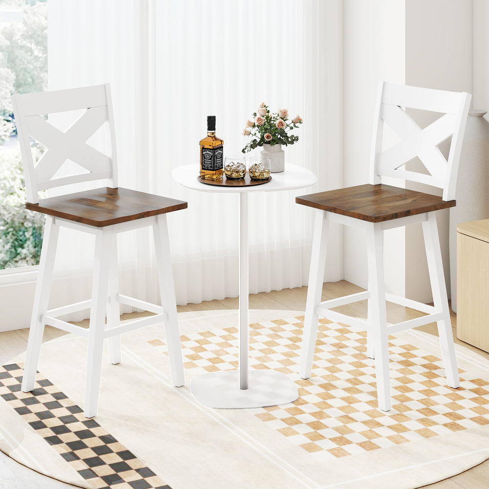 29" Rubberwood Swivel Barstools Set of 2 with Backrest and Large Seat-White - Gallery View 1 of 8