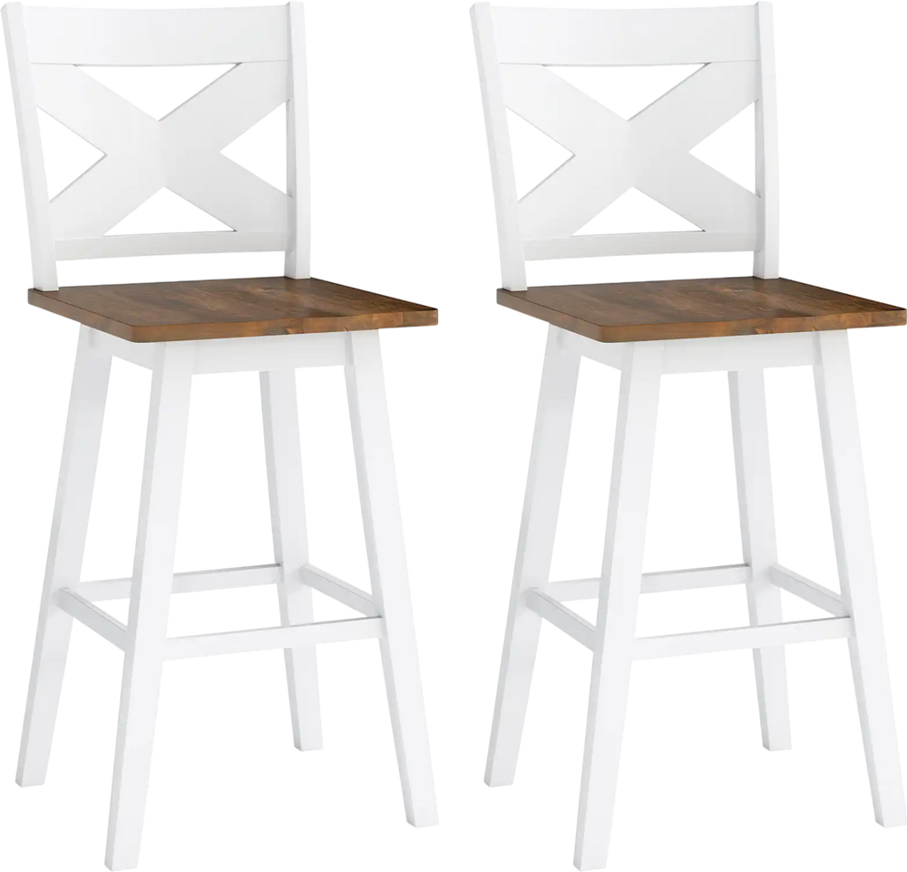 Set of 2 white rubberwood swivel barstools with backrest and large seat, perfect for kitchen islands and dining rooms.