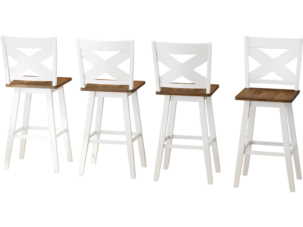 Set of 4 white rubberwood swivel barstools with backrest, featuring large seats for kitchen islands and dining rooms.