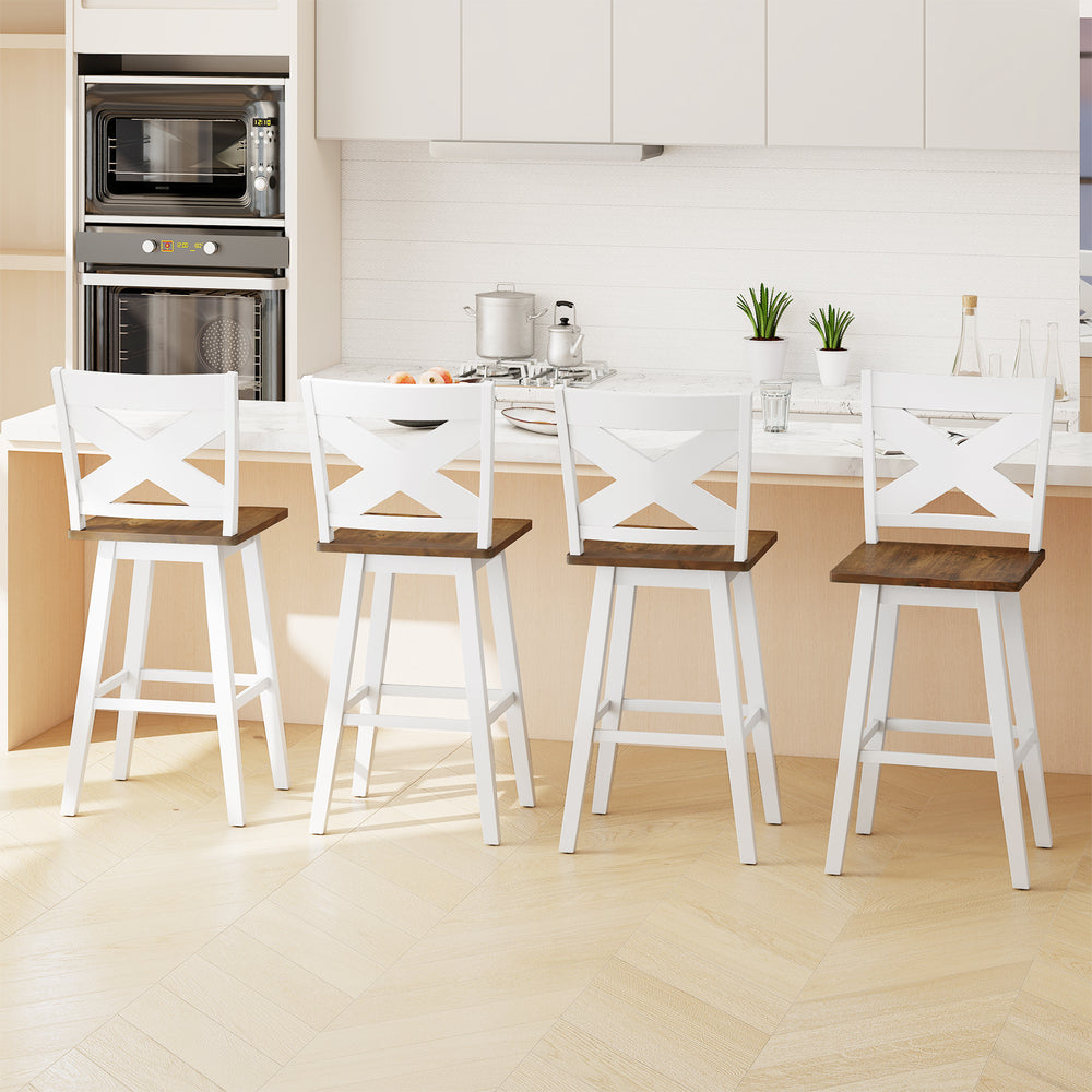 29" Rubberwood Swivel Barstools Set of 4 with Backrest and Large Seat-White - Gallery View 1 of 7