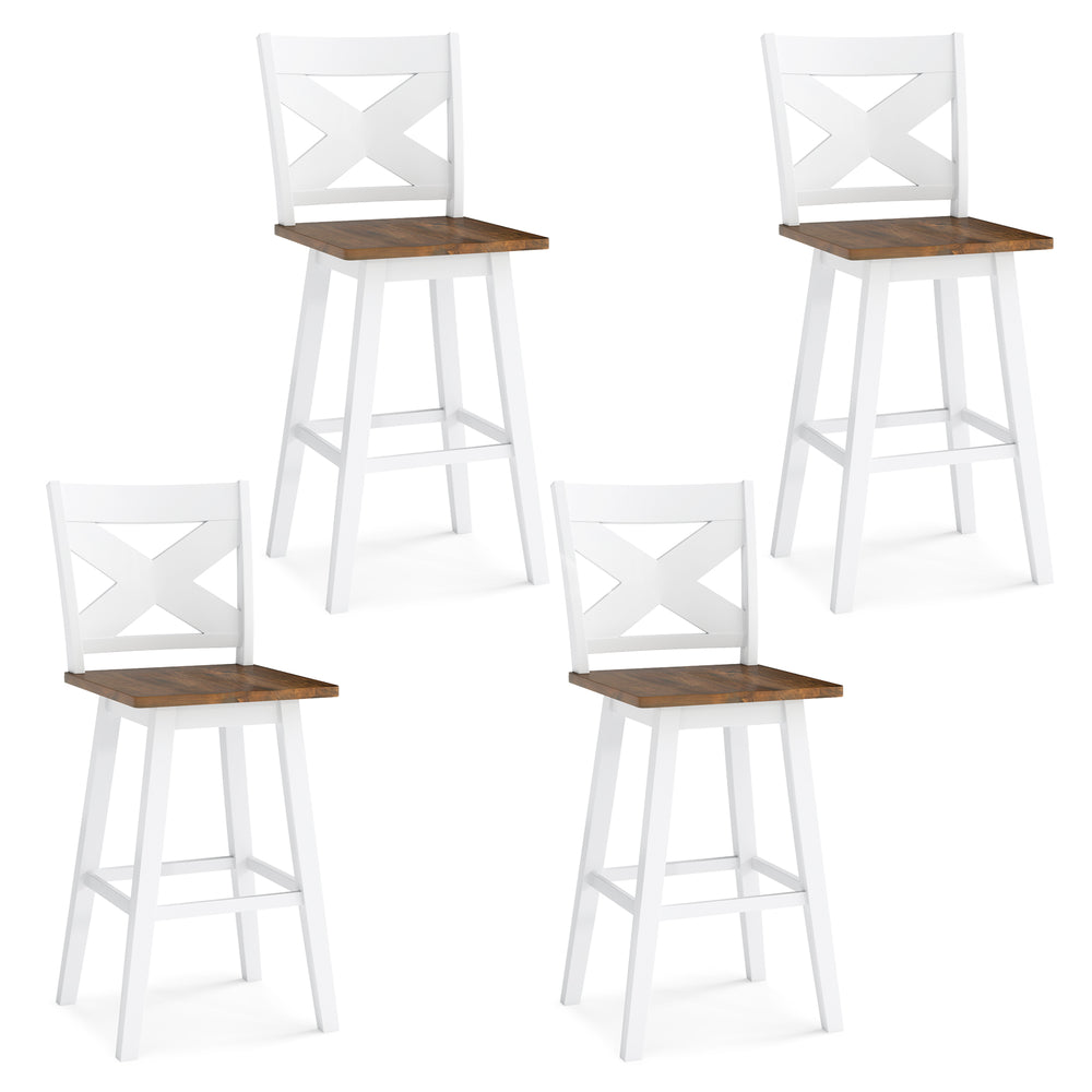 Set of 4 white rubberwood swivel barstools with backrest and large seats, perfect for kitchen islands and dining rooms.