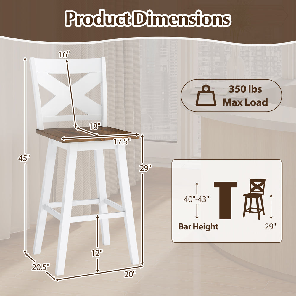 Product dimensions of the 29" rubberwood swivel barstools set, featuring a robust design and ergonomic backrest.