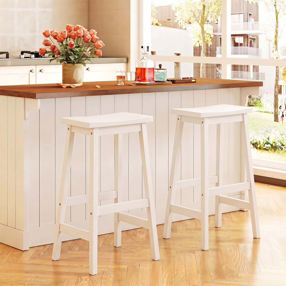 29" Set of 2 Saddle-Seat Counter Height Stools with Curved Seat and Footrests-Beige - Gallery View 1 of 6
