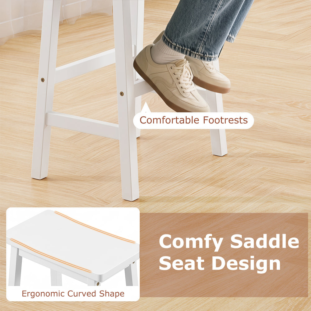 Saddle-seat counter height stool features a curved seat and footrests, ideal for kitchen or dining room use.