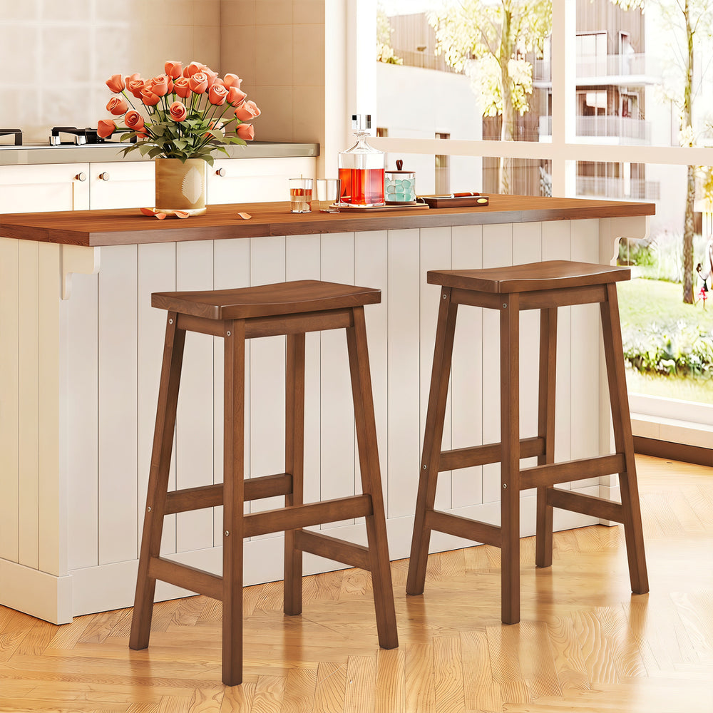 29" Set of 2 Saddle-Seat Counter Height Stools with Curved Seat and Footrests-Walnut - Gallery View 1 of 6