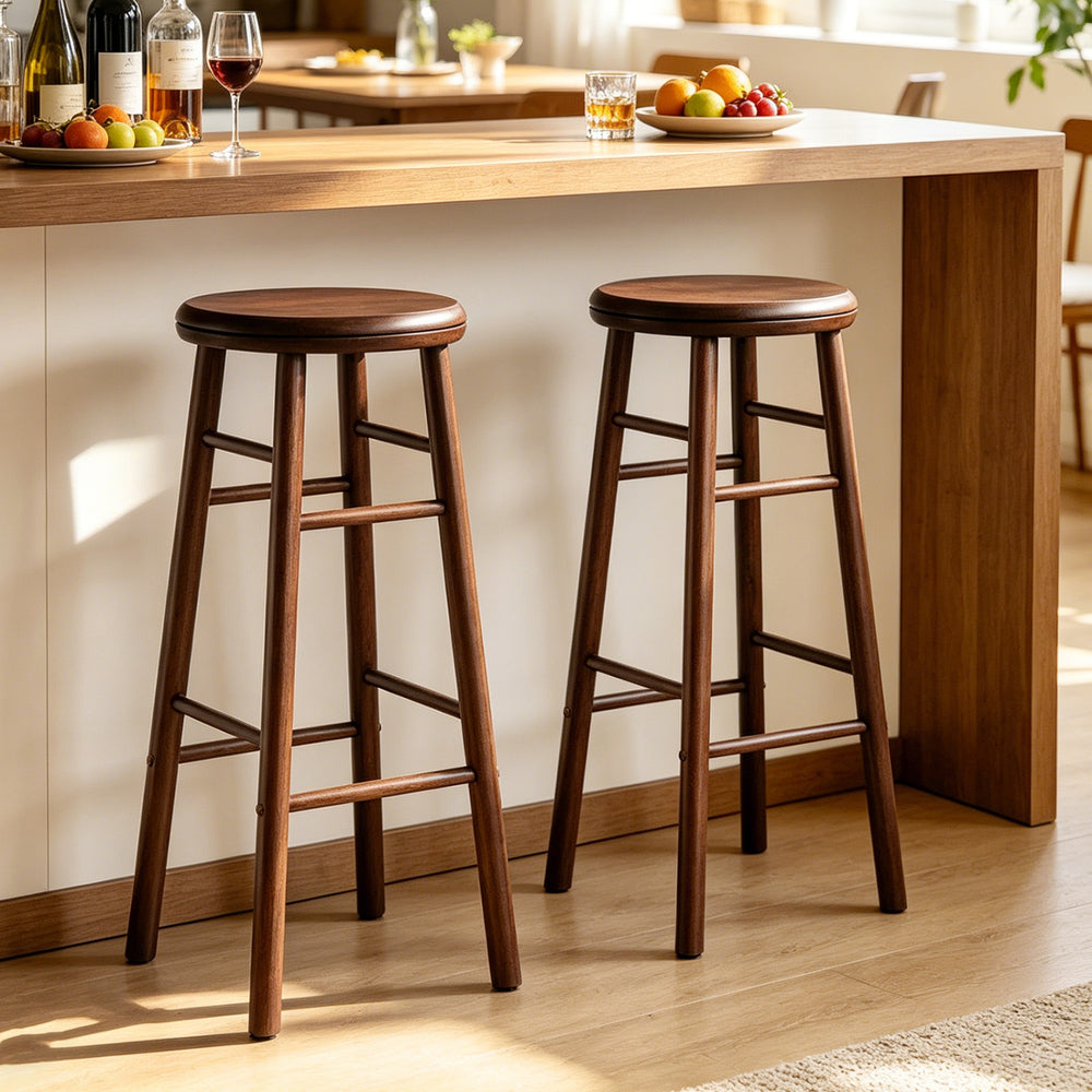 Backless rubber wood bar stools set of 2 with 360° swivel, footrests, and strong crossbars for kitchen or dining use.