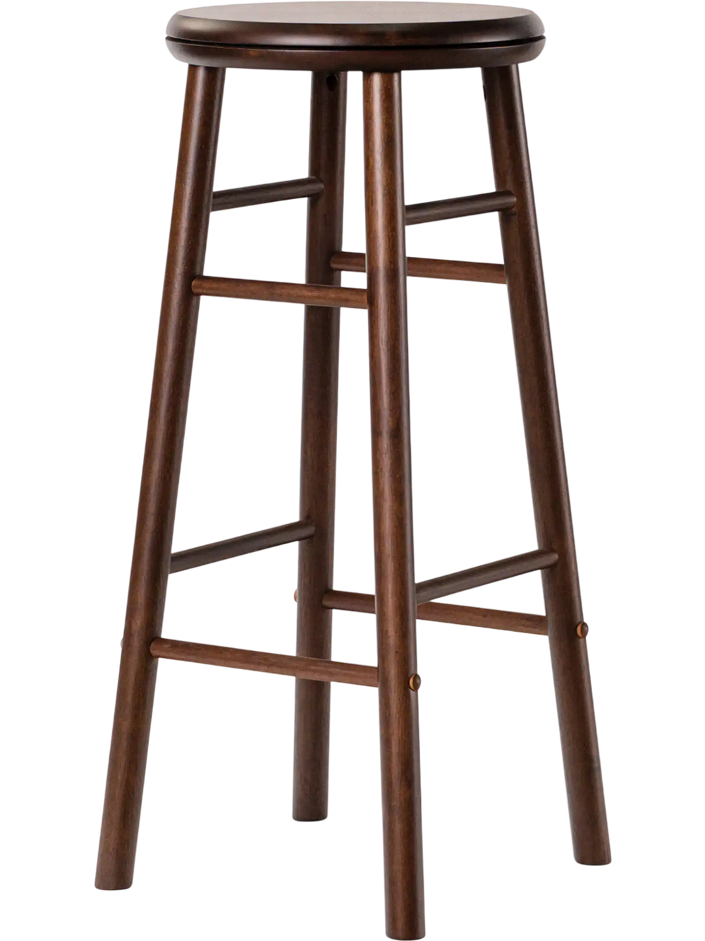 Walnut 29" swivel bar stool with footrest and crossbars, ideal for dining rooms or balconies, featuring a sturdy design.