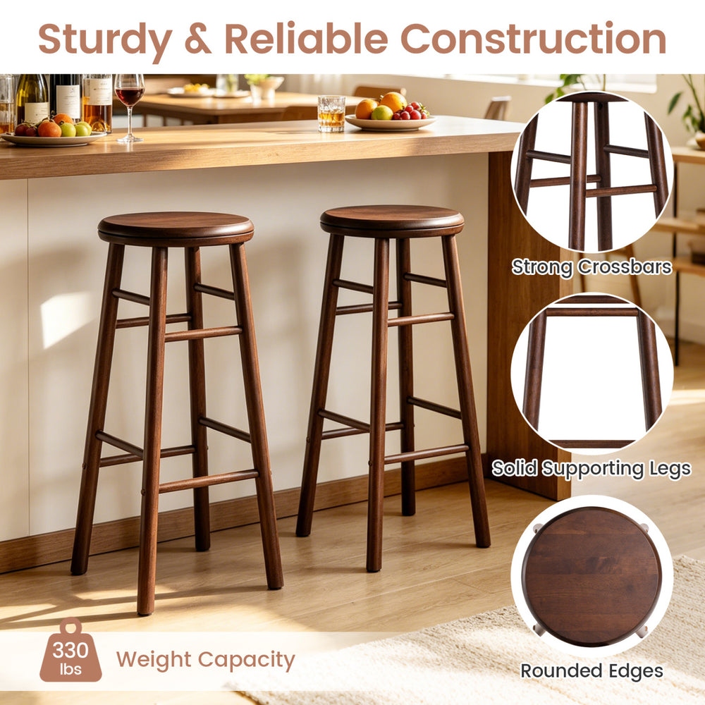 Backless 24" swivel bar stools set of 2 in rubber wood with strong crossbars, perfect for dining or kitchen use.