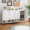 Side view of the white 2-door sideboard buffet cabinet featuring an open compartment and adjustable inner shelf for.