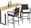 Cushioned barstool set with armrests in durable brown PE rattan, ideal for patio bar tables and outdoor relaxation.