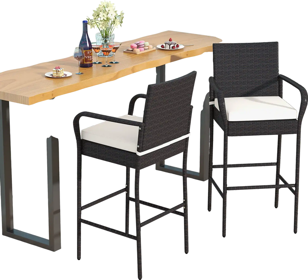 Cushioned barstool set with armrests in durable brown PE rattan, ideal for patio bar tables and outdoor relaxation.