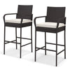 Set of 2 outdoor PE rattan barstools with armrests and cushions, ideal for patio, balcony, or poolside use.