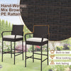 Cushioned barstool set with armrests in mix brown PE rattan, ideal for outdoor patio use and comfort.