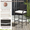 Cushioned barstool with armrests in brown PE rattan, featuring a curved backrest and fixing straps for outdoor comfort.