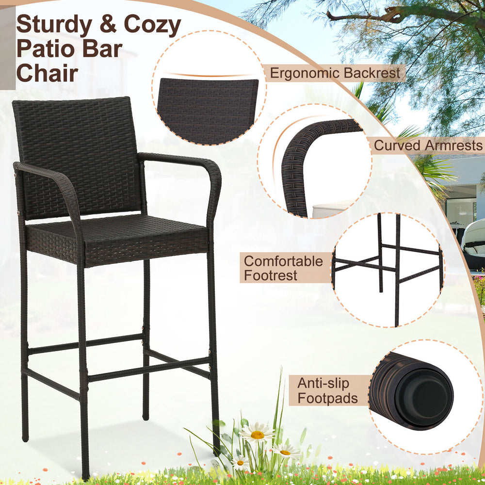 Sturdy outdoor bar chair with curved backrest, armrests, and PE rattan, ideal for patio, balcony, or poolside use.