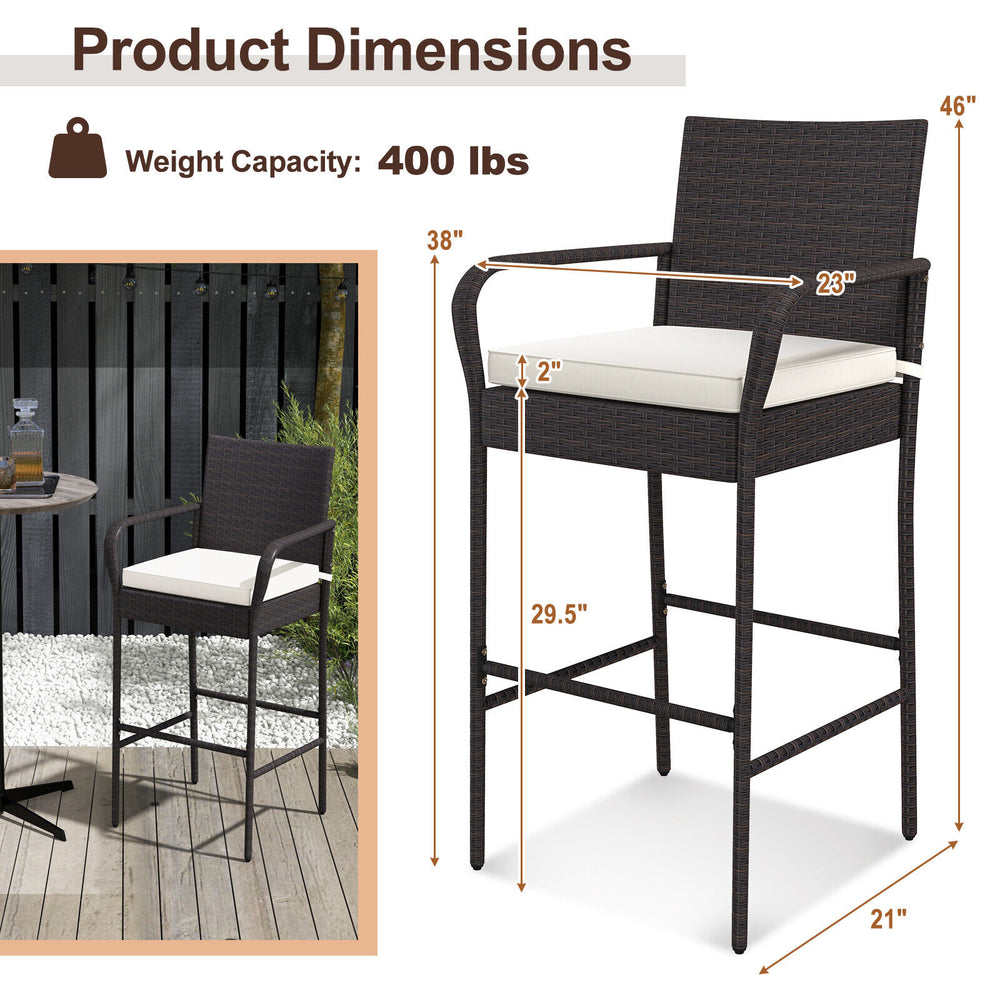Cushioned barstool with armrests in brown PE rattan, 29.5" seat height, ideal for outdoor patio use.