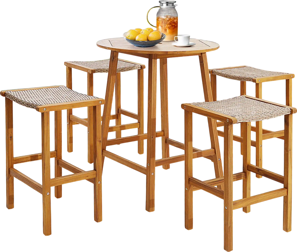 Patio wood bar stools set of 4 with acacia wood and PE rattan, perfect for poolside or backyard gatherings.