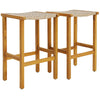 Set of 2 patio wood bar stools with acacia wood frame and PE rattan seats, perfect for backyard or poolside use.