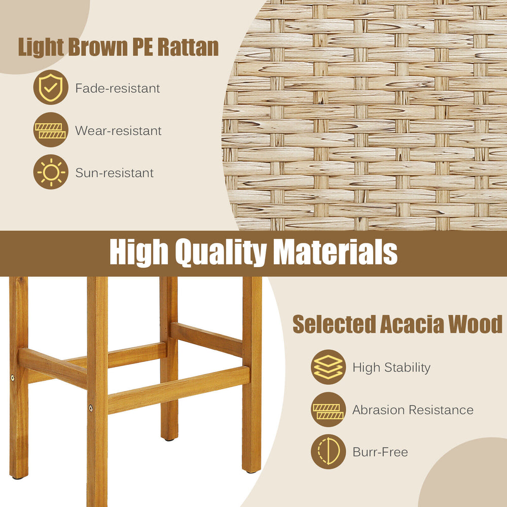 Light brown PE rattan and acacia wood detail showcasing durability and elegance for patio bar stools set.