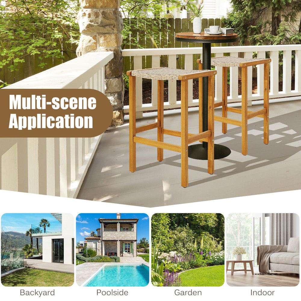 Set of 2 acacia wood patio bar stools with PE rattan seats, perfect for backyard, poolside, or balcony use.