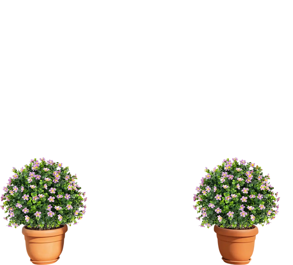 Artificial boxwood topiary ball trees with purple flowers in cement-filled pots, perfect for enhancing front porch.