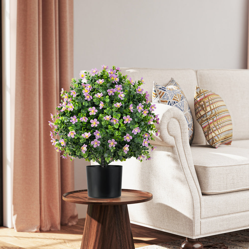Artificial boxwood topiary ball tree with vibrant purple flowers, enhancing indoor spaces with a realistic design and.