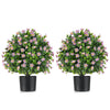 Two pack of artificial boxwood topiary ball trees with purple flowers, featuring a sturdy cement-filled base for.